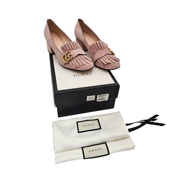 Gucci GG Marmont Fringe Block Heel Pump Pink Suede Square Toe Size 38.5 US 8.5 - Picture 12 of 12
